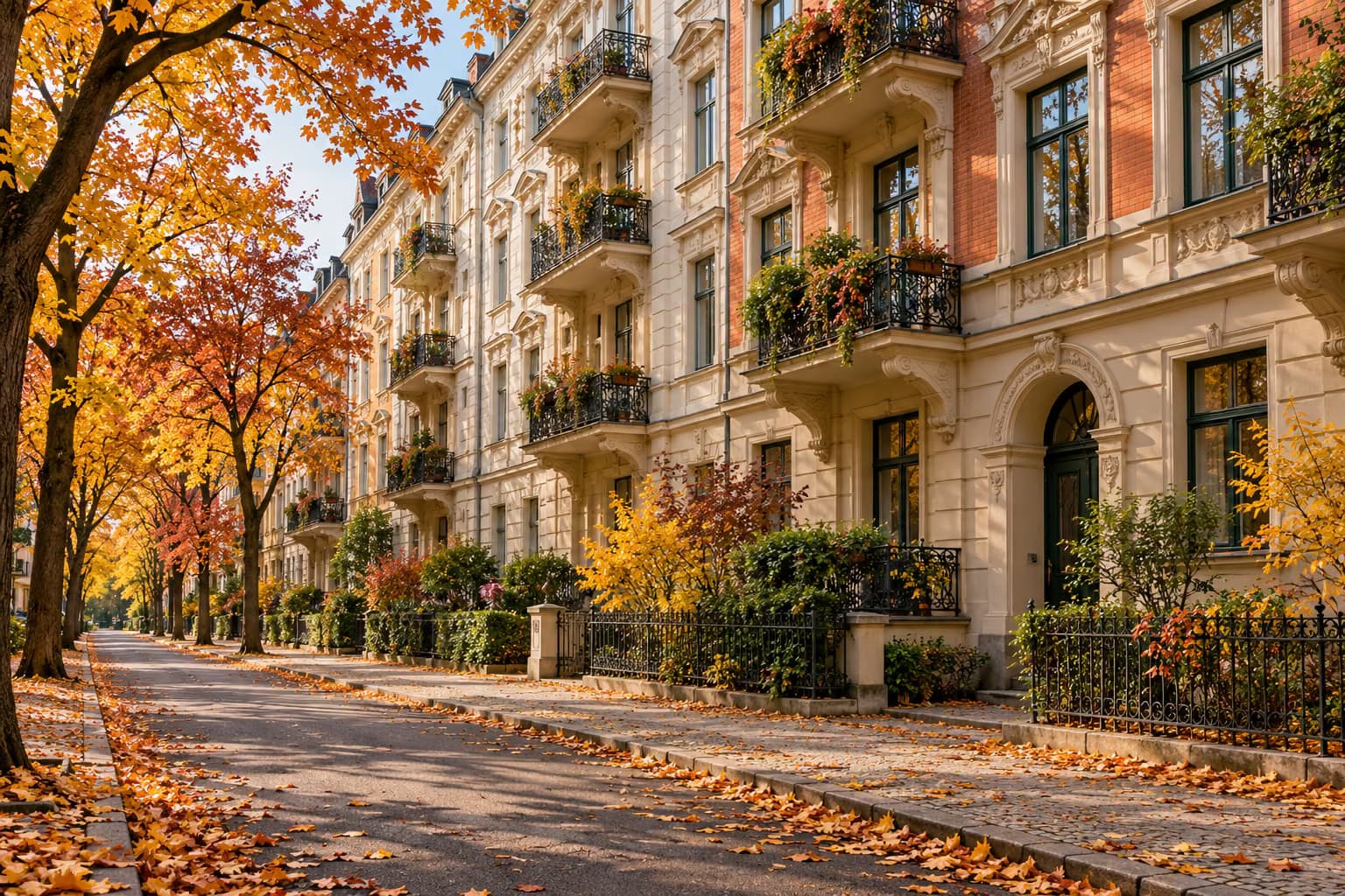 Una fila di eleganti palazzi d'anteguerra con balconi lungo una strada tranquilla e alberata coperta di foglie autunnali.