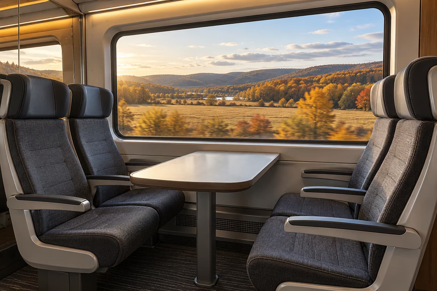 Quattro sedili grigi vuoti attorno a un tavolino in un treno moderno, con un grande finestrino che mostra campi autunnali e colline boscose.