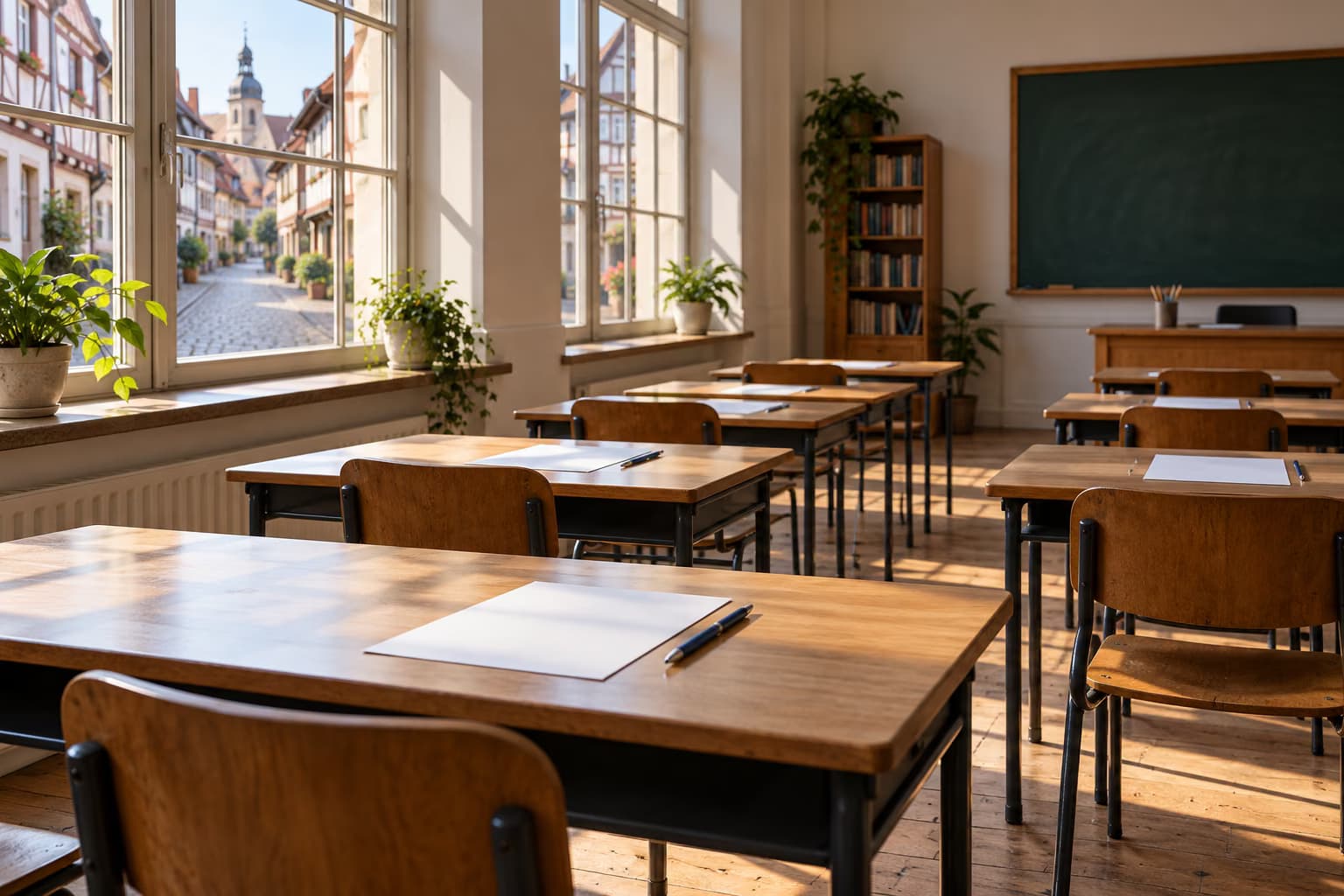 Un'aula vuota con banchi di legno, fogli bianchi e penne, con finestre che danno su una strada lastricata con case a graticcio.