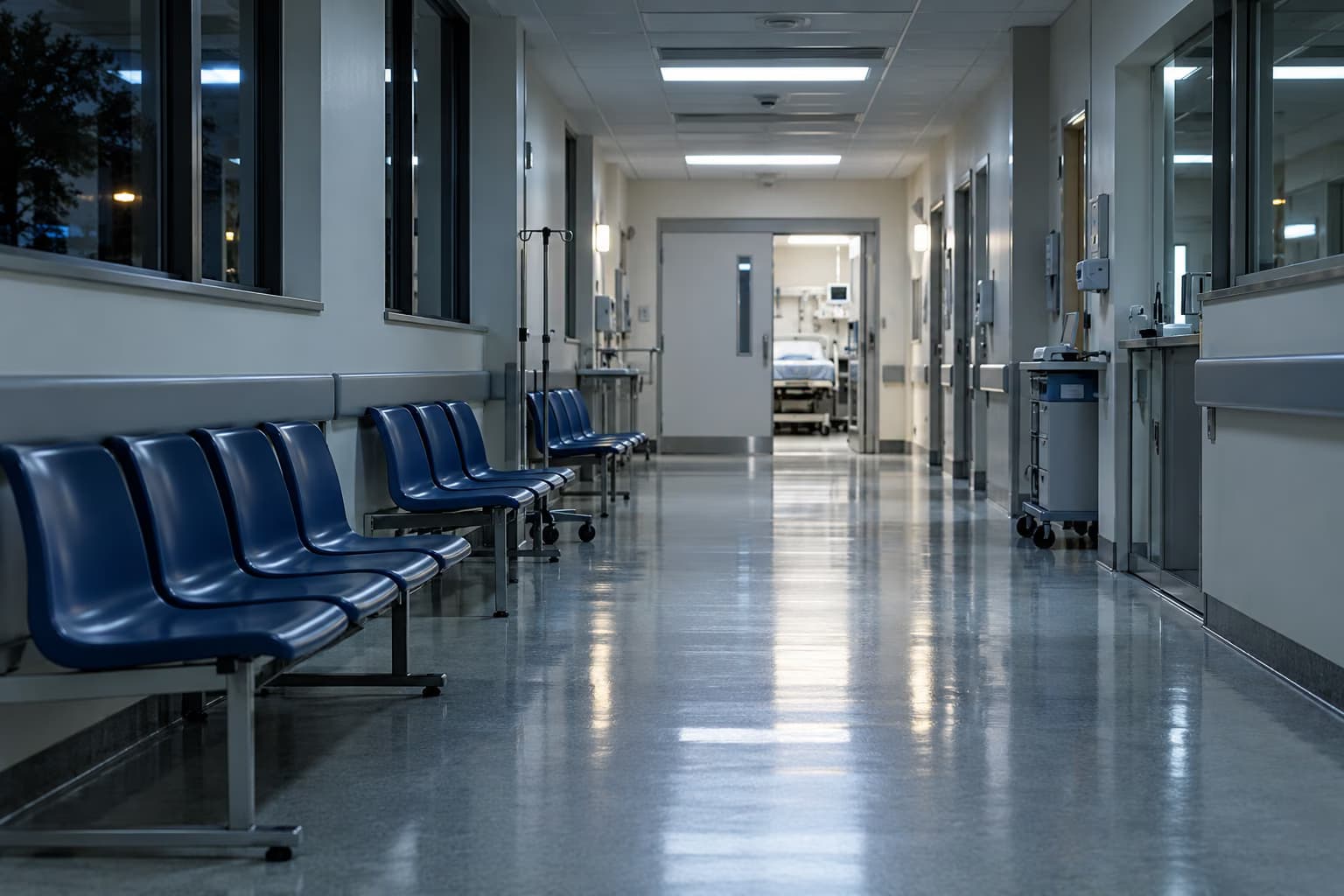Un corridoio d'ospedale vuoto di notte con file di sedie d'attesa blu lungo la parete e una porta aperta su una sala di trattamento in fondo.
