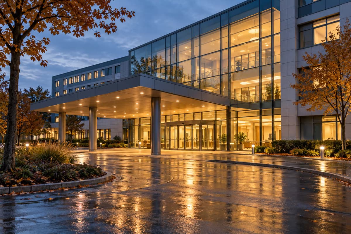 L'ingresso in vetro illuminato e la pensilina di un grande edificio moderno al crepuscolo, con alberi autunnali e marciapiede bagnato.