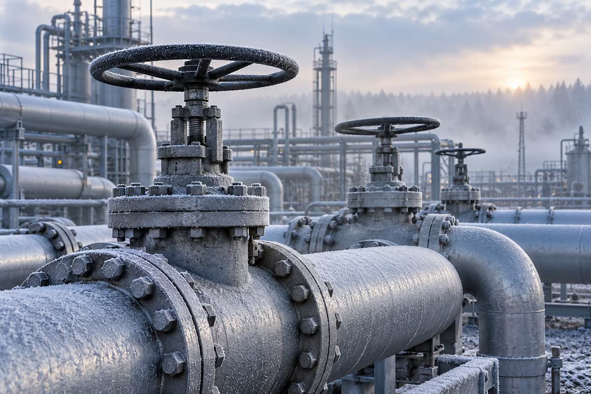 Primo piano di tubi industriali del gas coperti di brina con grandi valvole a volantino in un impianto del gas in una nebbiosa mattina d'inverno.