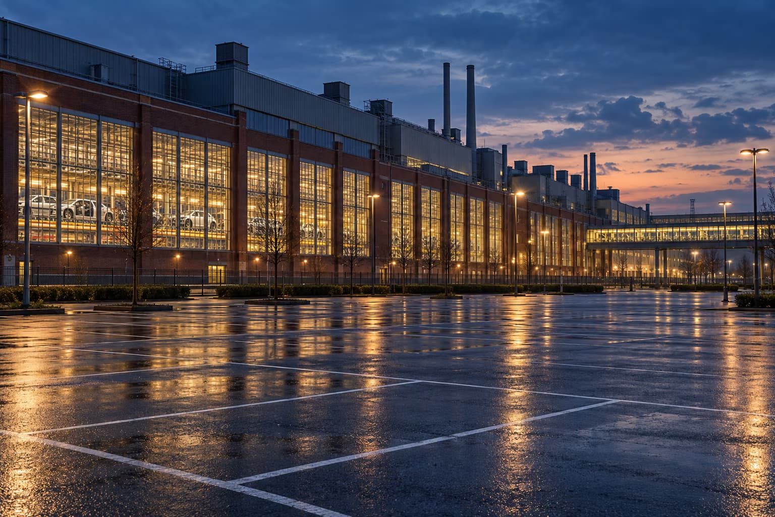 Un lungo edificio industriale in mattoni con finestre illuminate, dietro le quali si vedono delle auto, si trova al crepuscolo dietro un parcheggio vuoto e bagnato dalla pioggia.