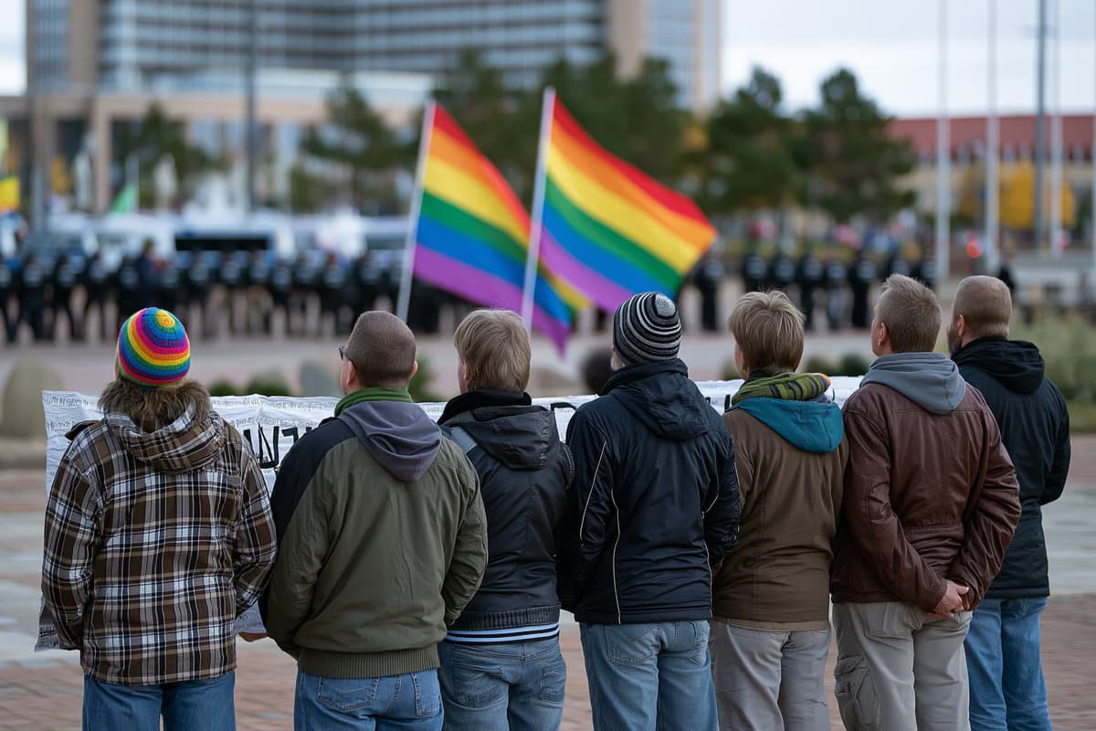 Contro-manifestanti con striscioni e bandiere arcobaleno in una piazza di Magdeburgo, con un cordone di polizia sfocato sullo sfondo.