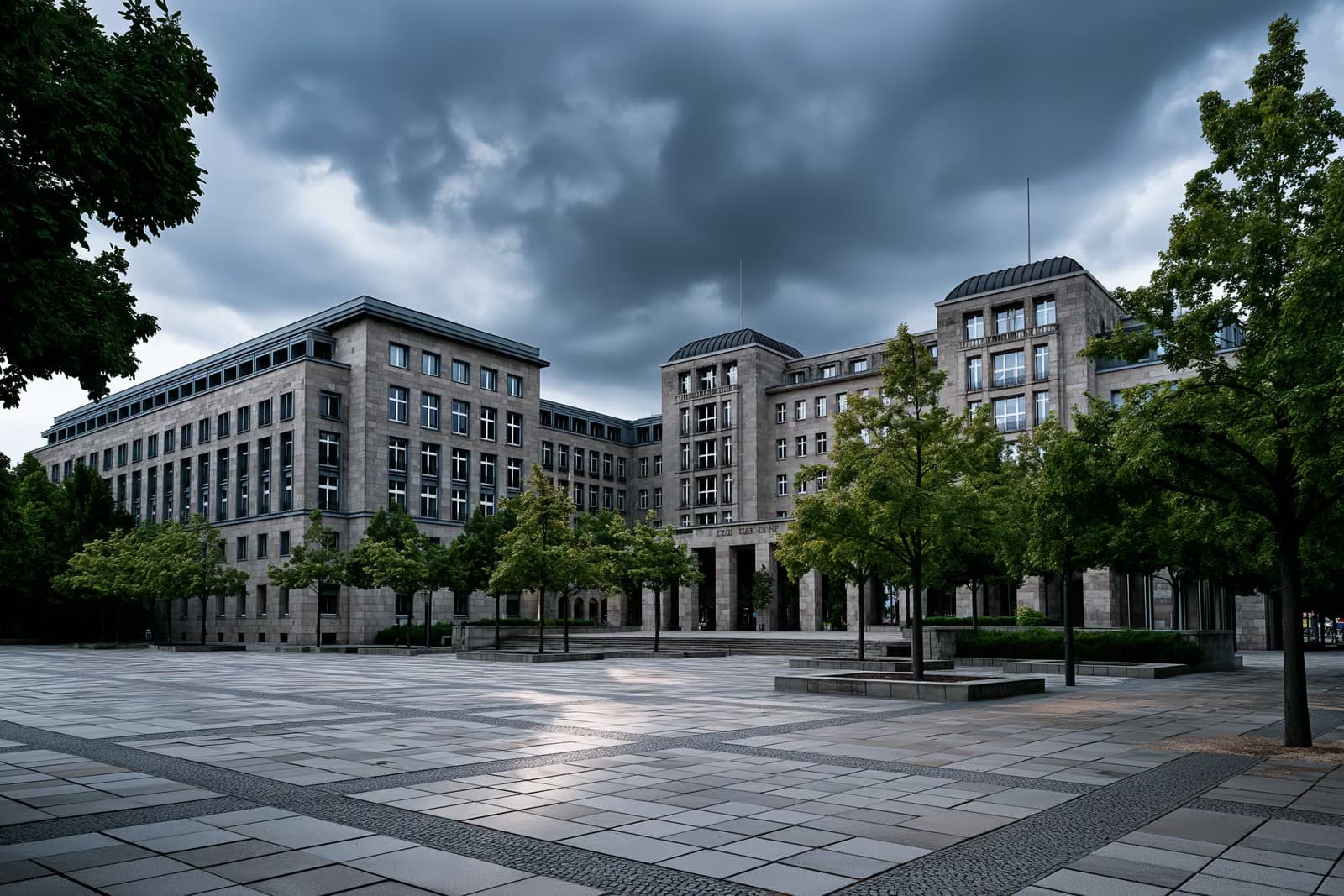 L'edificio del parlamento federale tedesco, visto dietro una piazza pubblica deserta sotto un cielo plumbeo.