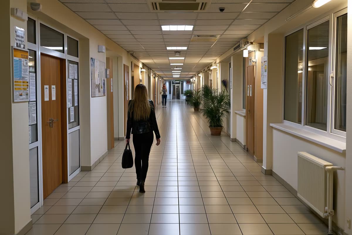 Una persona cammina da sola con una borsa lungo un corridoio di un edificio della pubblica amministrazione.