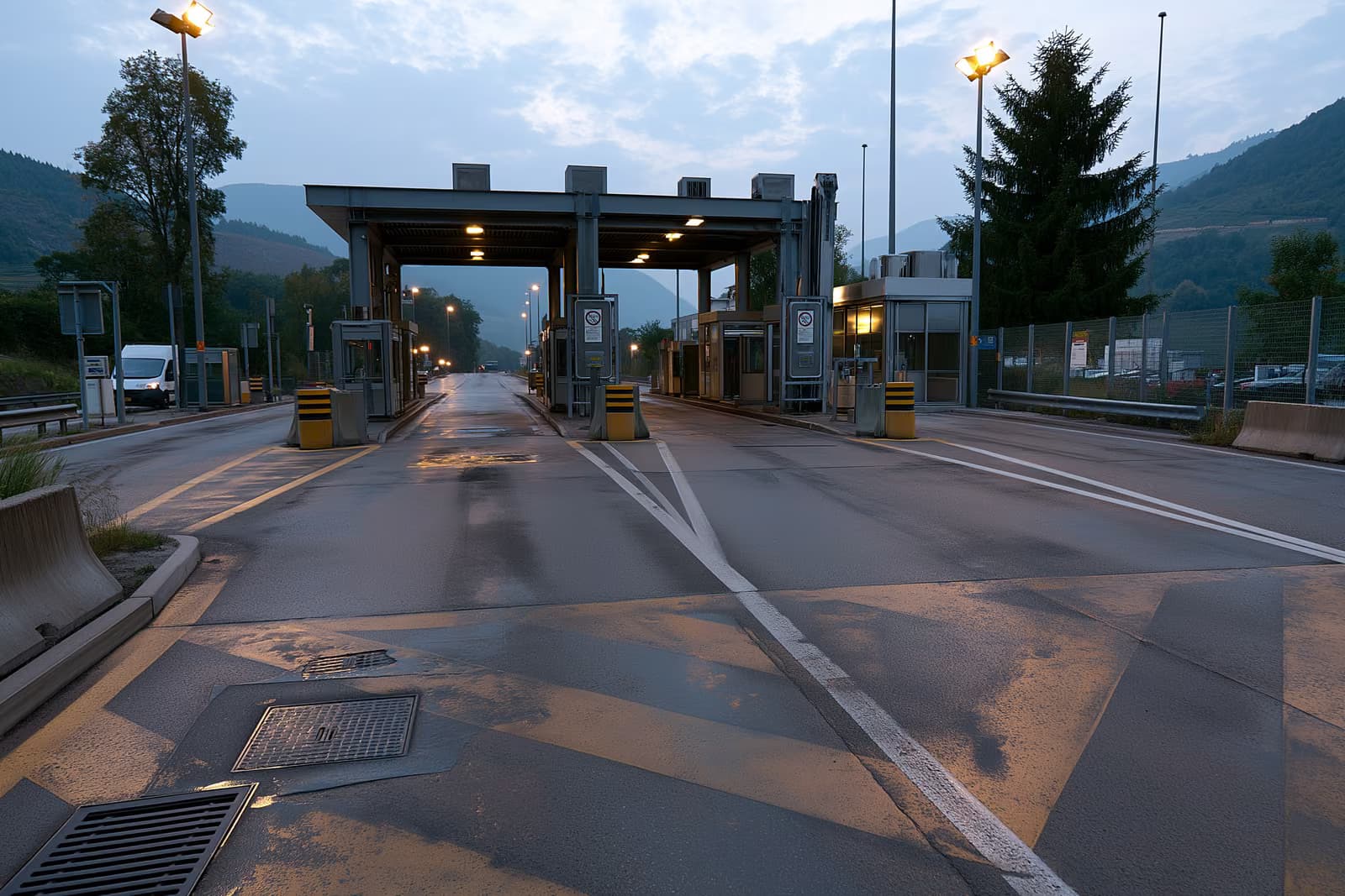 Un tranquillo valico di frontiera autostradale tra Germania e Austria, con un segnale di corsia e una cabina di controllo vuota all'alba.