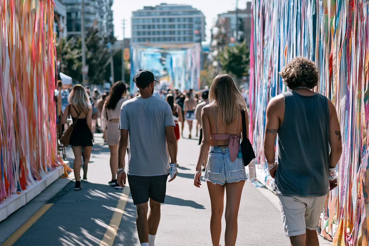 In un luminoso pomeriggio estivo, alcune persone passeggiano tra installazioni artistiche all'aperto in un vivace quartiere di Berlino.