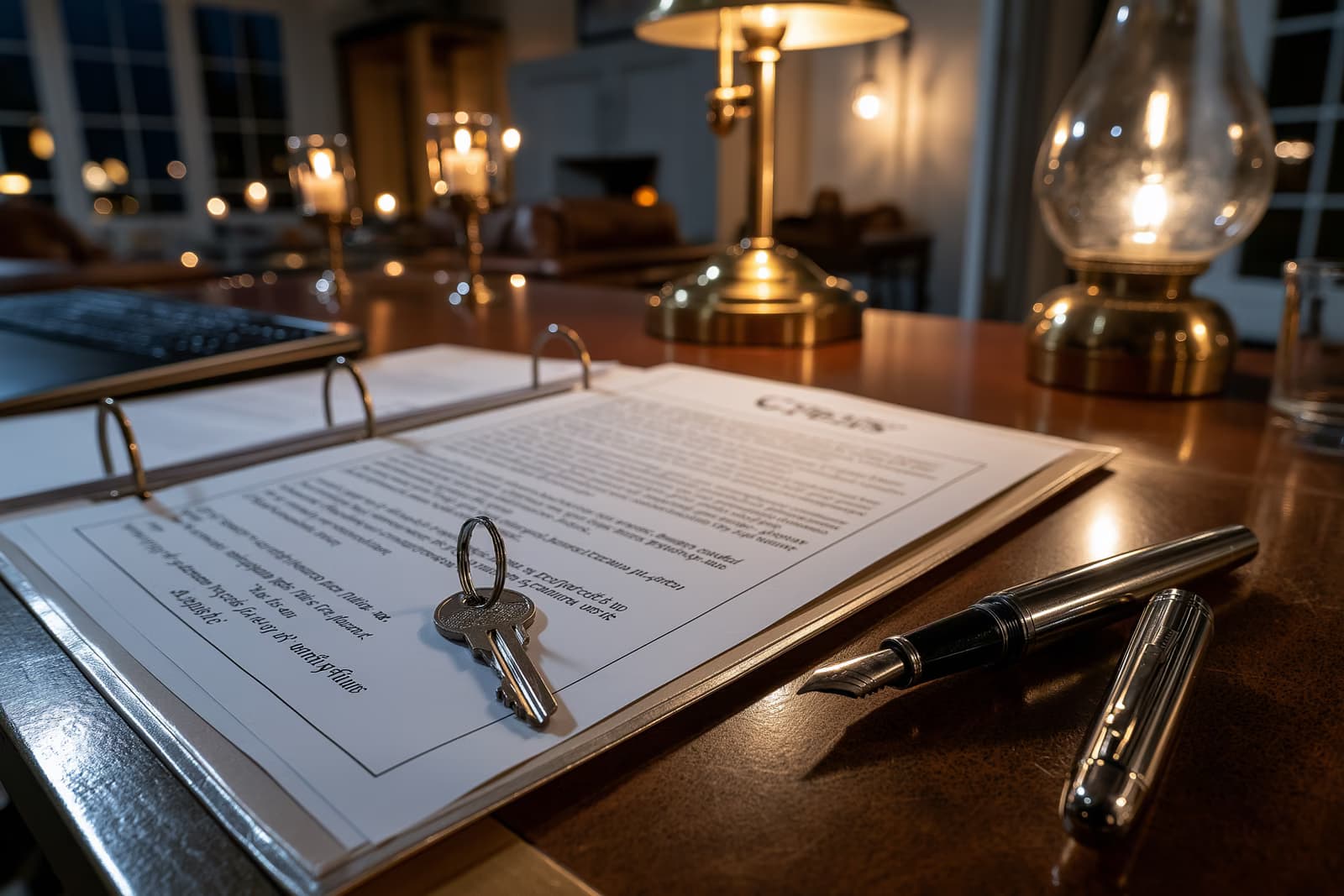 Una chiave di casa e una penna stilografica appoggiate su un fascicolo immobiliare sulla scrivania di un notaio, l'ambiente tranquillo dove la decisione sulla commissione dell'agente immobiliare assume la massima importanza.