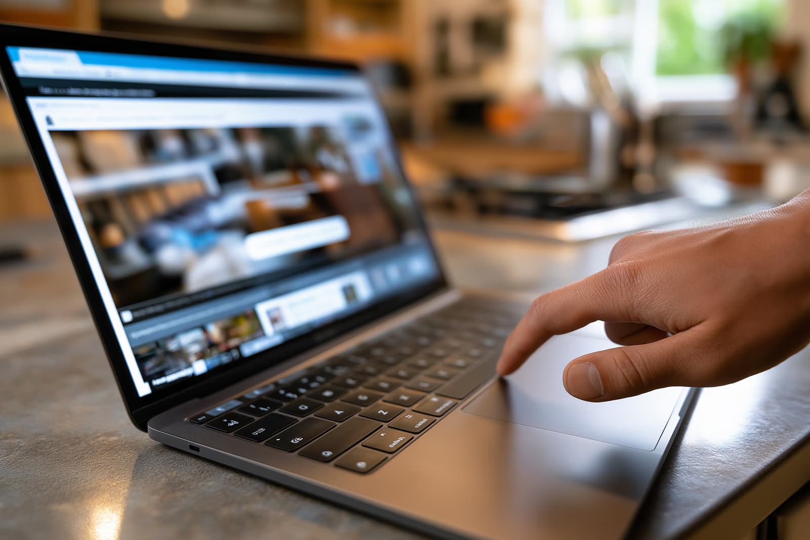 Una mano indugia su un computer portatile appoggiato su un tavolo da cucina, mostrando una pagina di cancellazione online con un pulsante ben visibile.