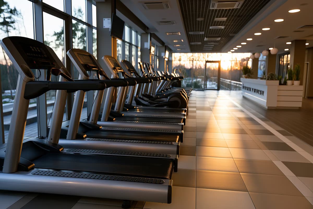 File di tapis roulant vuoti in una palestra moderna al crepuscolo, con la reception sfocata sullo sfondo.
