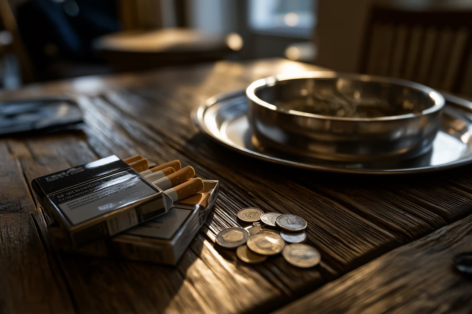 Un pacchetto di sigarette e qualche moneta sparsa giacciono su un tavolo da bar consumato dal tempo, accanto a un posacenere vuoto, a dimostrazione di come il prezzo delle sigarette incida sul bilancio dei fumatori.