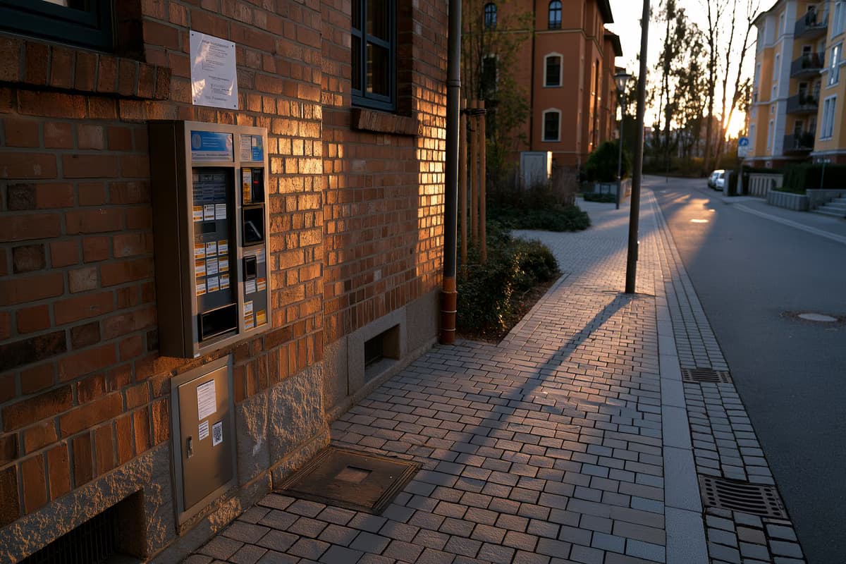 Un distributore automatico di sigarette montato su un muro di mattoni in una strada residenziale tedesca, illuminato dalla luce del tramonto.