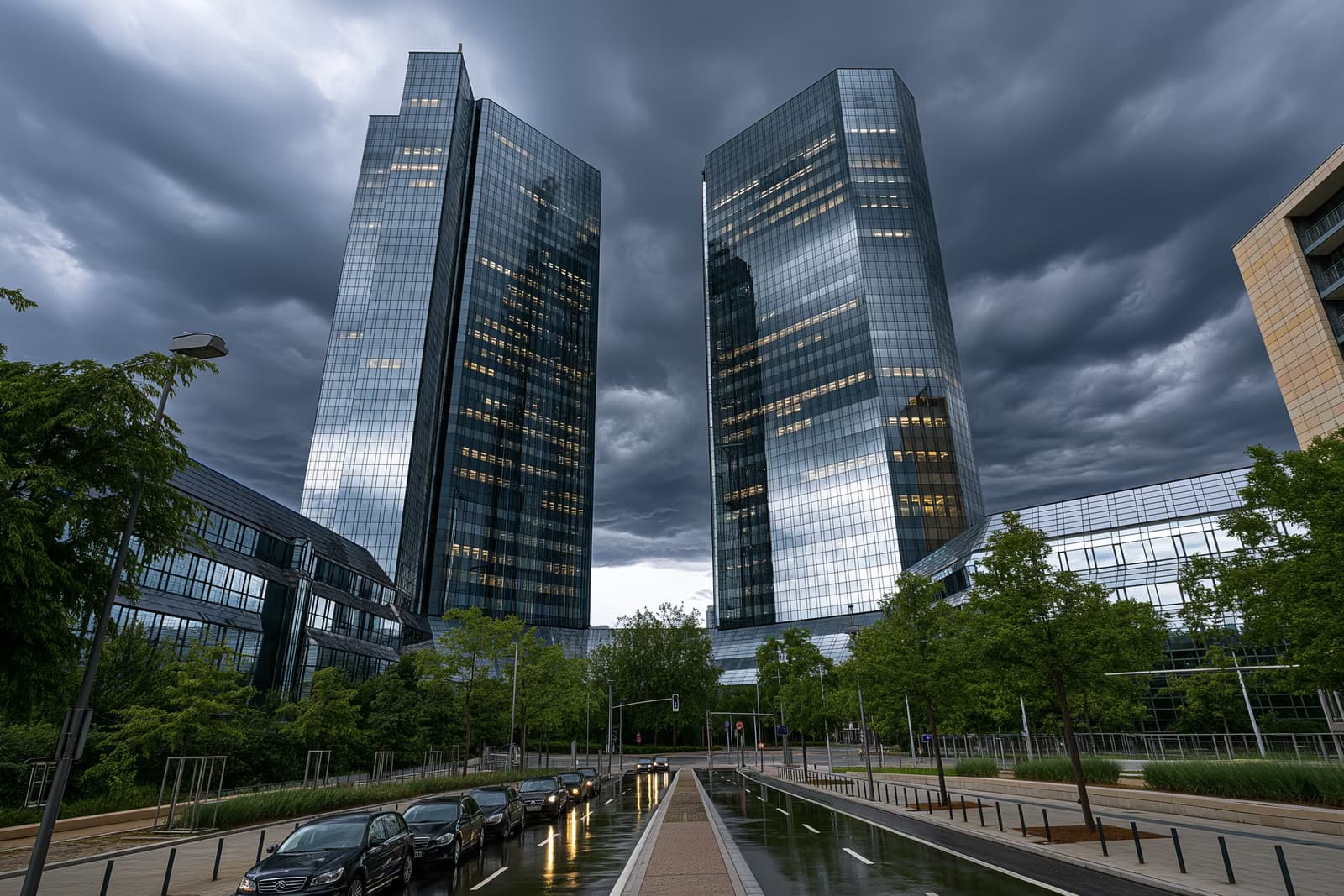 Le due torri di vetro che ospitano la sede centrale di una banca di Francoforte si stagliano sotto nuvole scure dopo il raid alla Deutsche Bank.