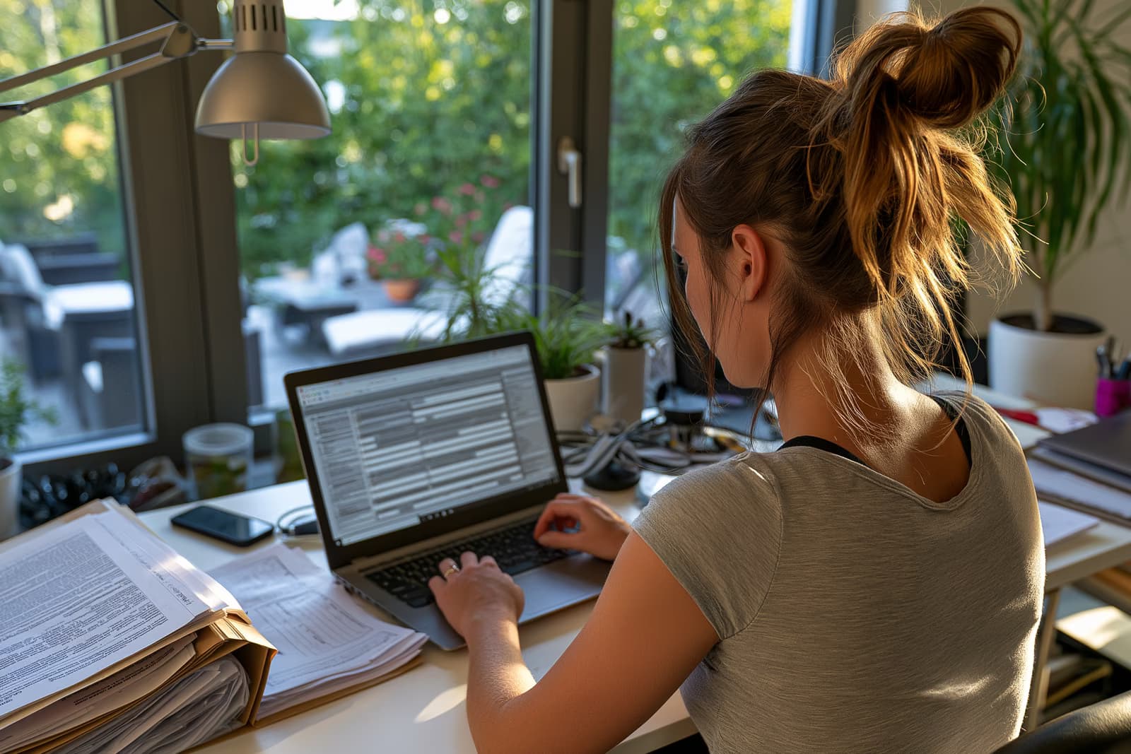 Una persona compila una domanda di disoccupazione digitale su un computer portatile da casa, invece di compilare i moduli cartacei per l'agenzia di collocamento tedesca (Arbeitsagentur).