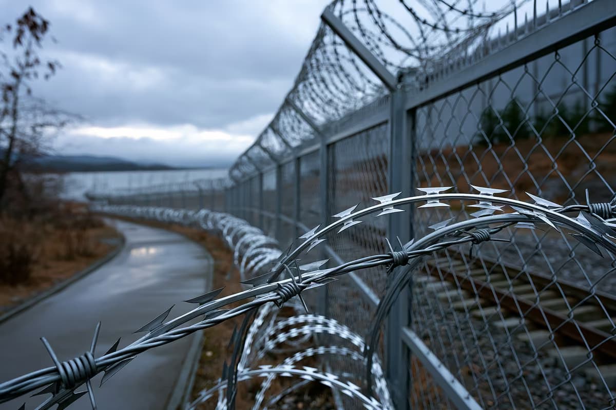 Una recinzione metallica di sicurezza sormontata da filo spinato, visibile contro un cielo grigio.