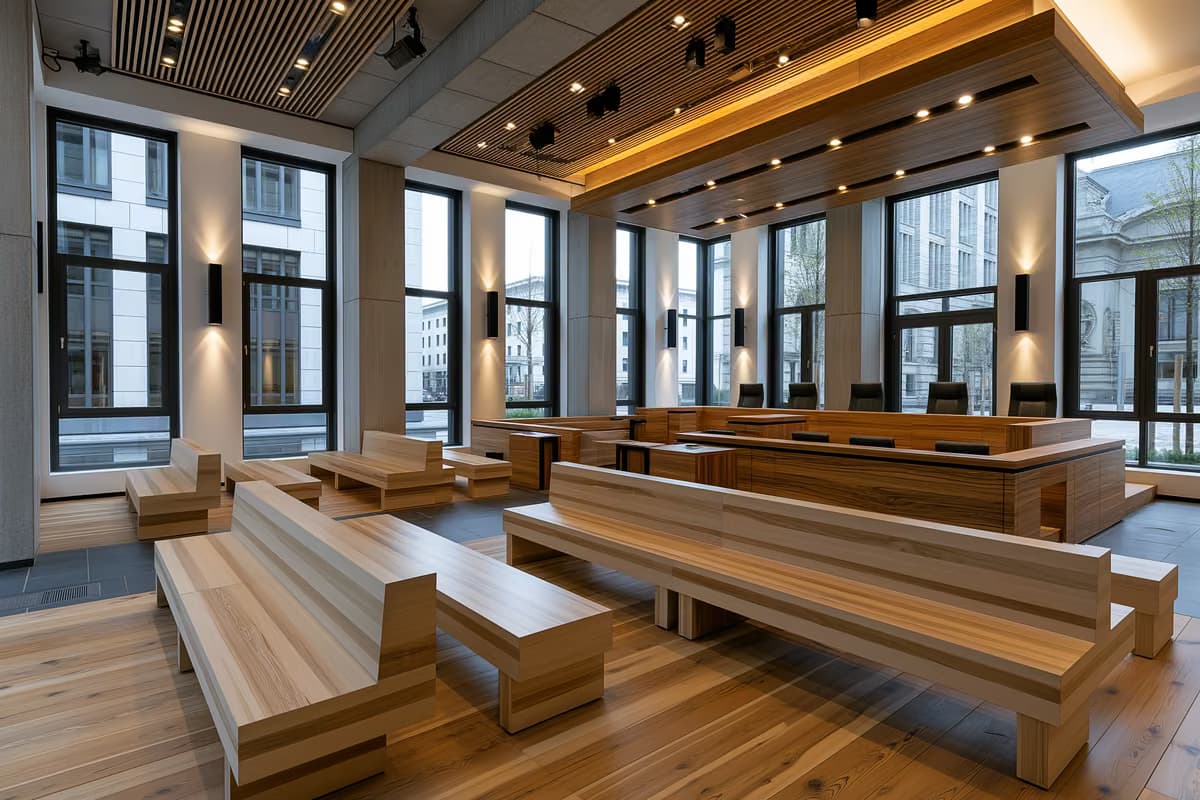 Un'aula di tribunale moderna e vuota, con panche di legno e alte finestre.
