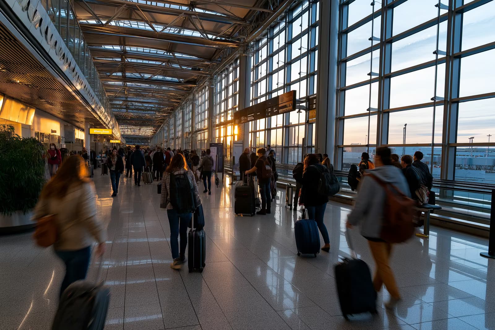 Viaggiatori con i bagagli attraversano la luminosa sala arrivi di un aeroporto internazionale.