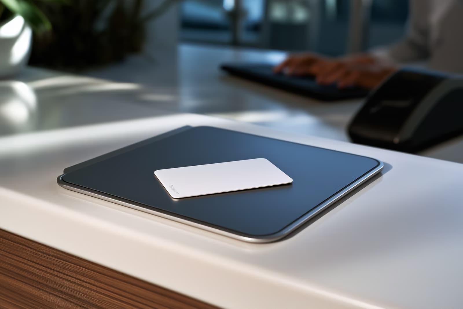 Una carta di permesso di soggiorno con chip appoggiata accanto a uno scanner di impronte digitali sul bancone di un ufficio governativo, in una fresca luce diurna.