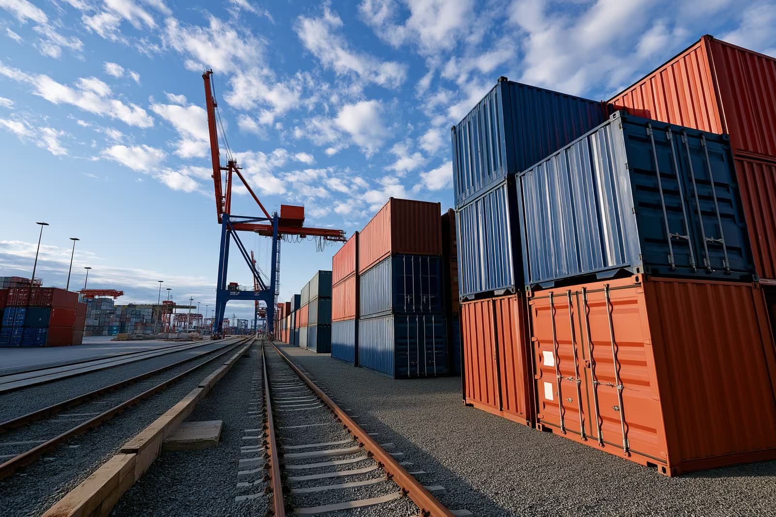 Container impilati accanto a un'alta gru a portale in un terminal container tedesco, sotto un cielo limpido.