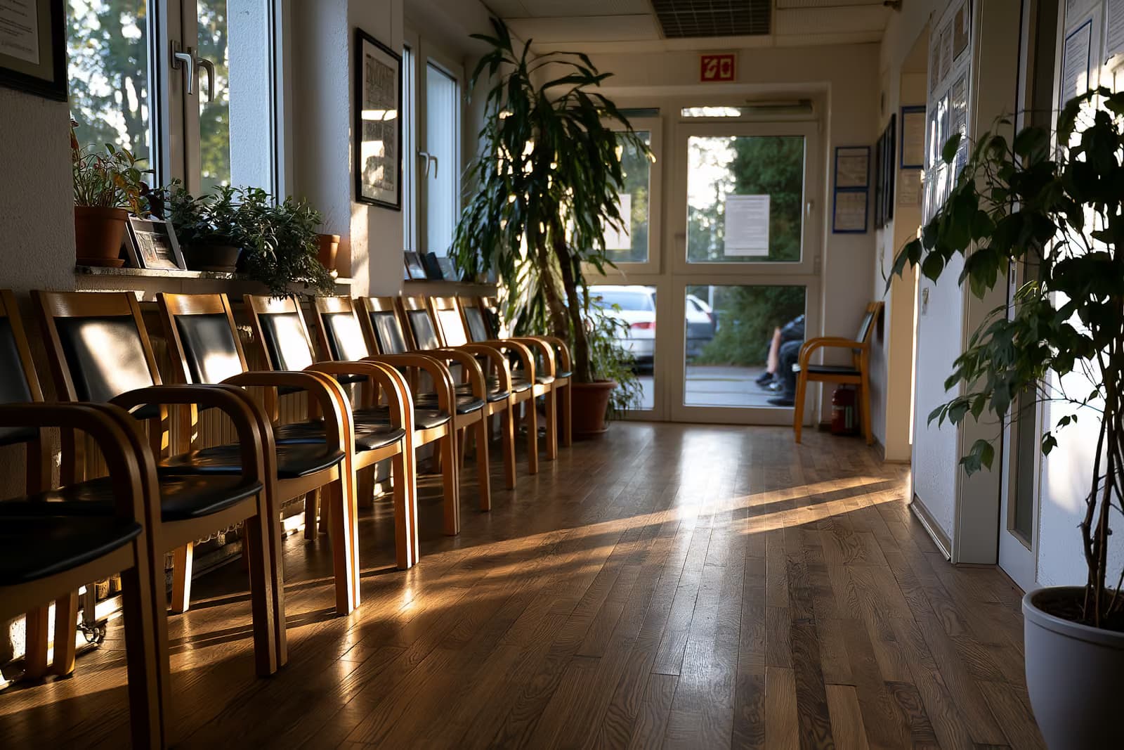 Bancone della reception vuoto in uno studio medico di famiglia tedesco con sedie da sala d'attesa.