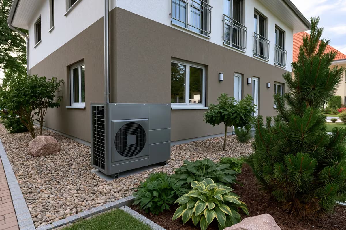 Un moderno impianto a pompa di calore installato all'esterno di un'abitazione privata tedesca.