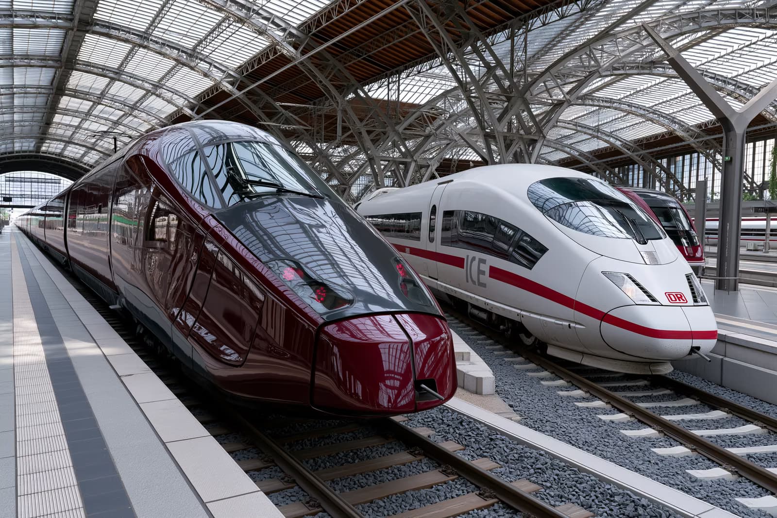 Un treno ad alta velocità rosso scuro accanto a un ICE bianco su binari paralleli nella hall di una stazione tedesca, a simboleggiare la sfida di Italo a Deutsche Bahn.