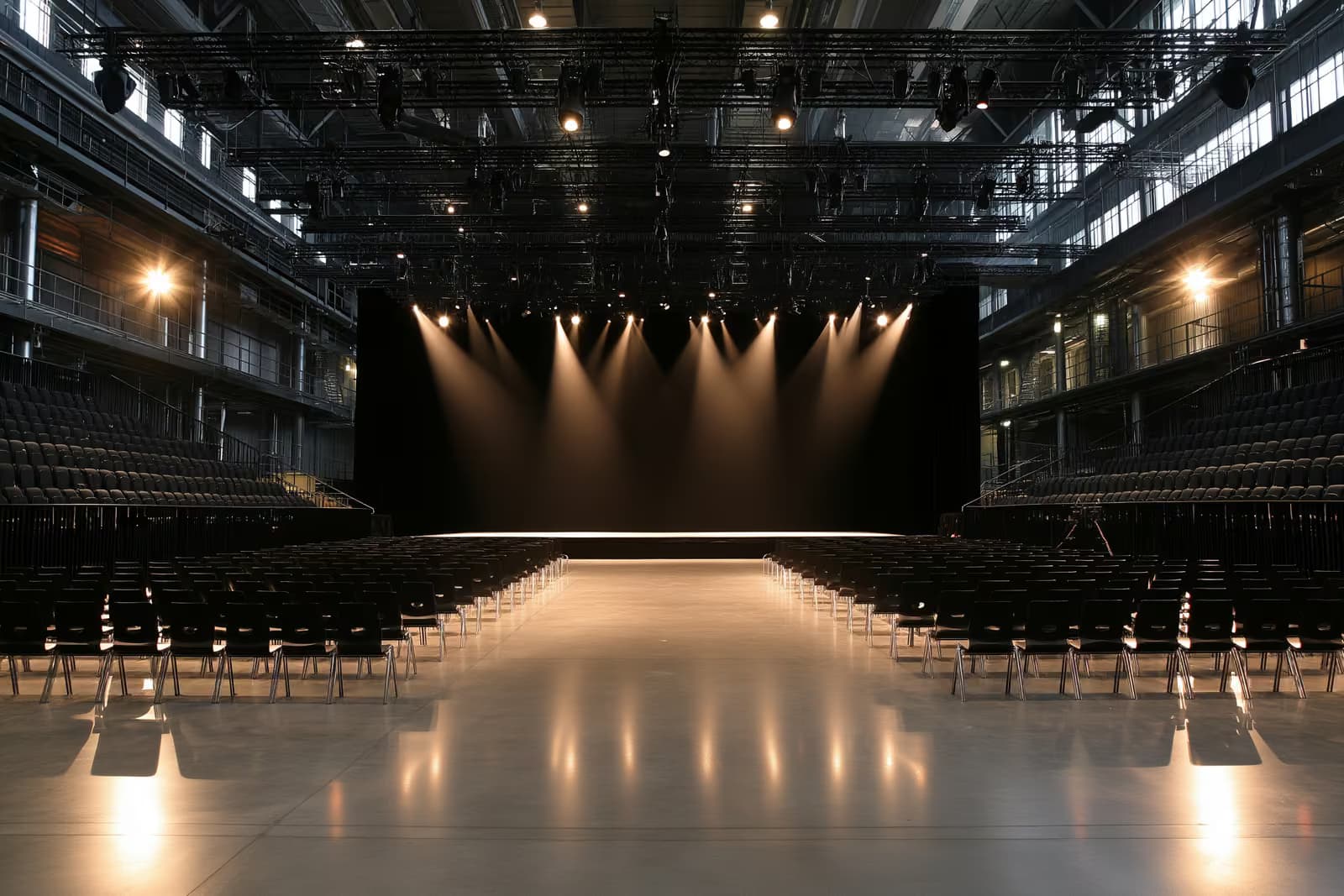 Il palco principale di un festival all'aperto, allestito accanto a un ex capannone industriale, al crepuscolo.
