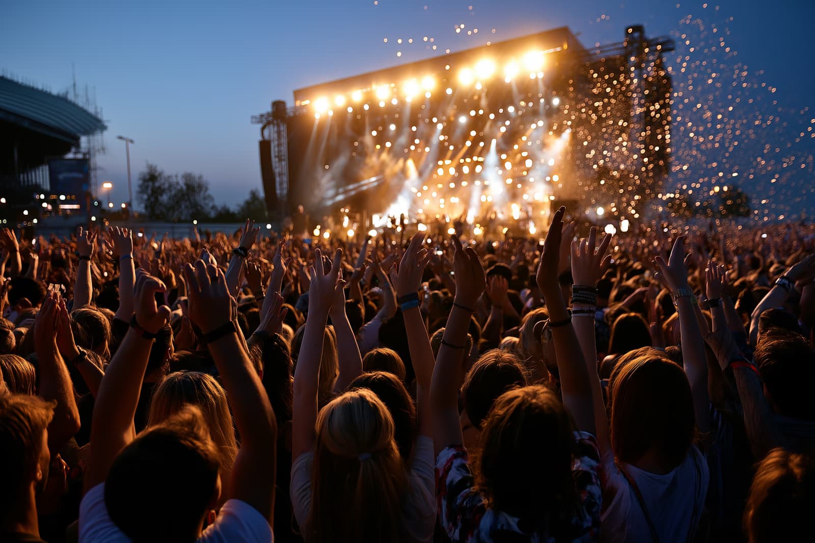 Una folla immensa, con le mani alzate, si accalca davanti al palco principale illuminato del Lollapalooza di Berlino, nell'Olympiapark, di notte.