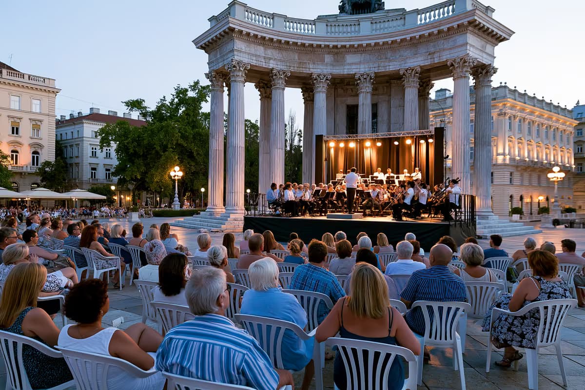 Un concerto di musica classica all'aperto in una storica piazza di Monaco al crepuscolo.