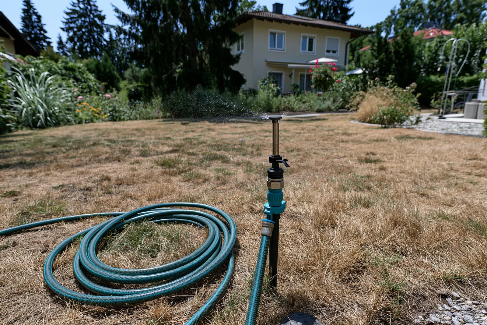 Un irrigatore da giardino è inattivo su un prato ingiallito e arido in un sobborgo di Monaco durante il divieto di irrigazione imposto nella città.
