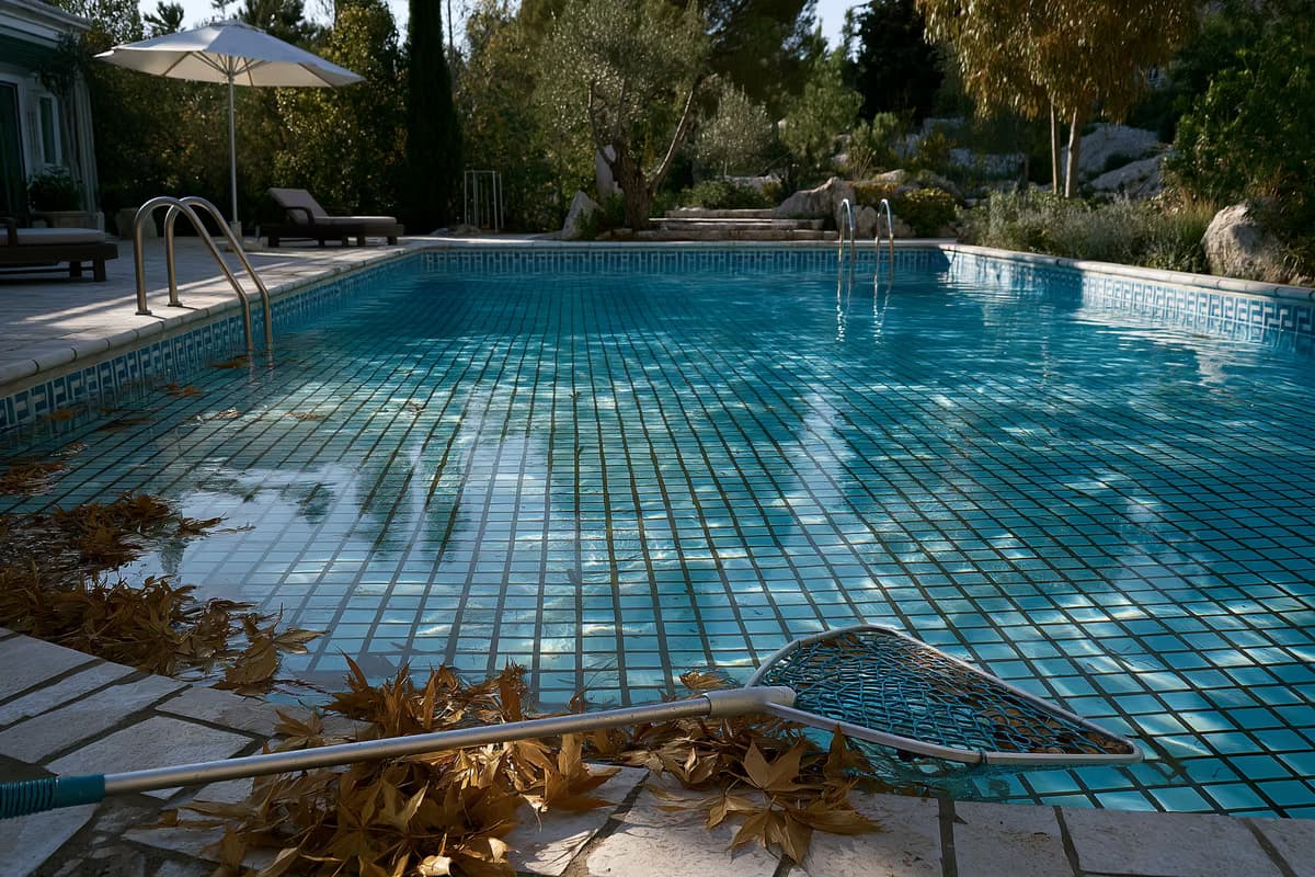 Una piscina privata nel cortile sul retro, parzialmente svuotata, con un retino per foglie appoggiato sulle piastrelle riscaldate dal sole.