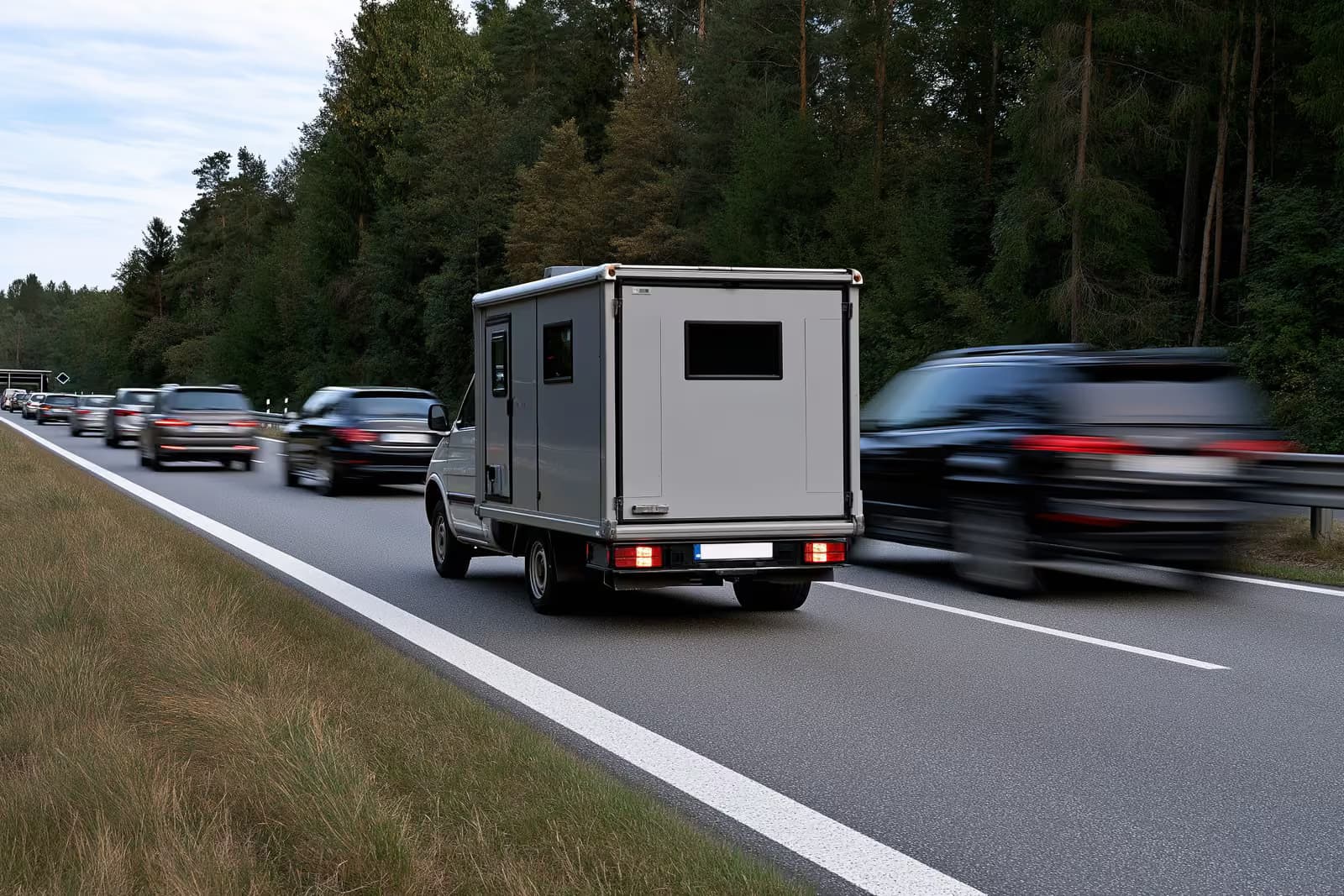 Un autovelox mobile posizionato a bordo strada vicino a una zona scolastica in una città tedesca.