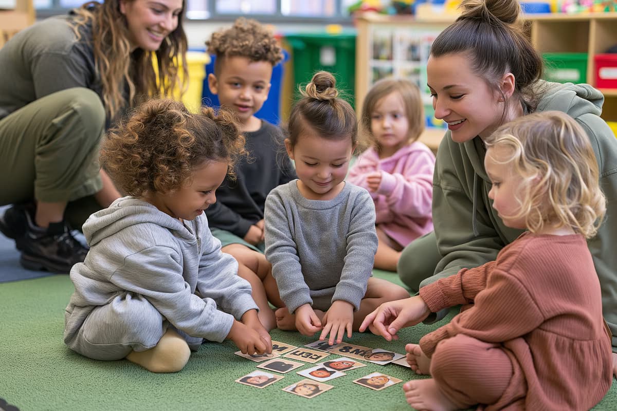 Dei bambini piccoli giocano a un gioco di abbinamento di parole su un tappeto in classe, mentre un'insegnante li aiuta a esercitarsi con il tedesco.