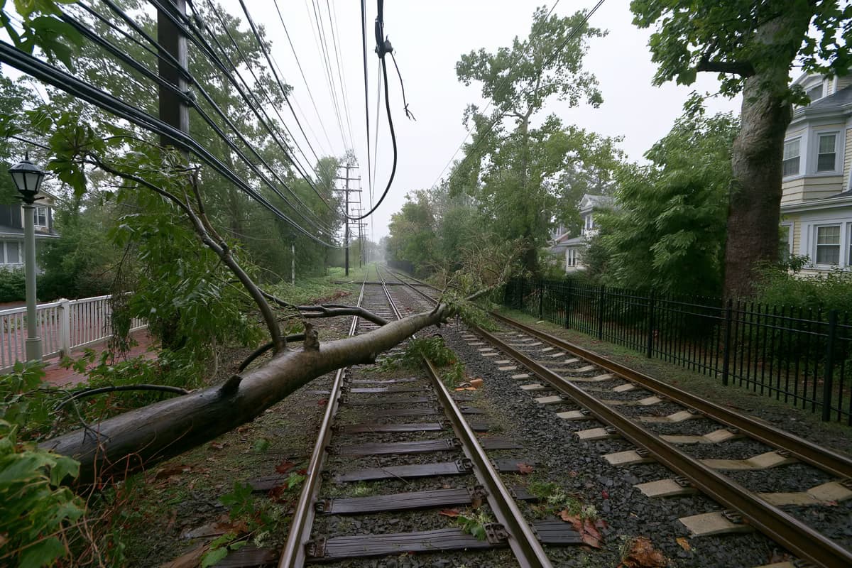 Un ramo caduto giace sui binari di una ferrovia suburbana, sotto un cavo aereo danneggiato, dopo la tempesta in Franconia.