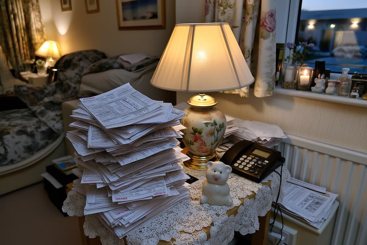 In una stanza di una casa di cura, accanto a una statuetta di porcellana, una pila di fatture mensili giace su un tavolino, a testimonianza dell'aumento dei costi che i residenti devono affrontare.