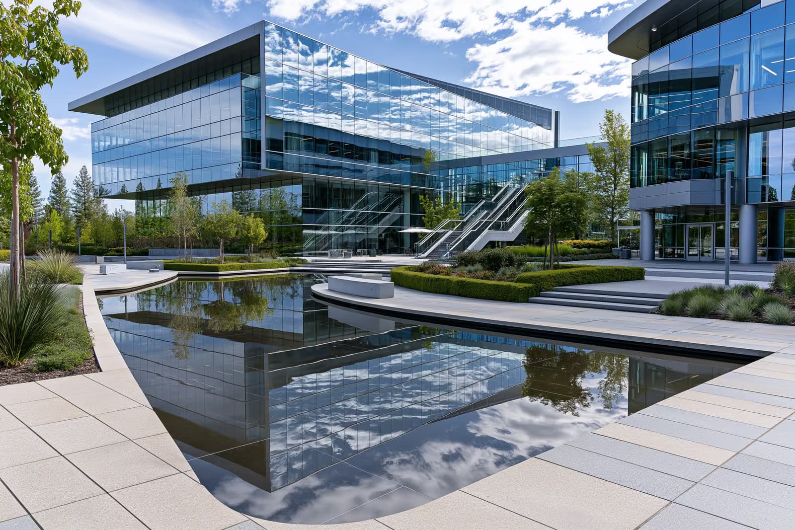 Moderno edificio per uffici SAP in Germania, con il logo aziendale sopra un ingresso in vetro.