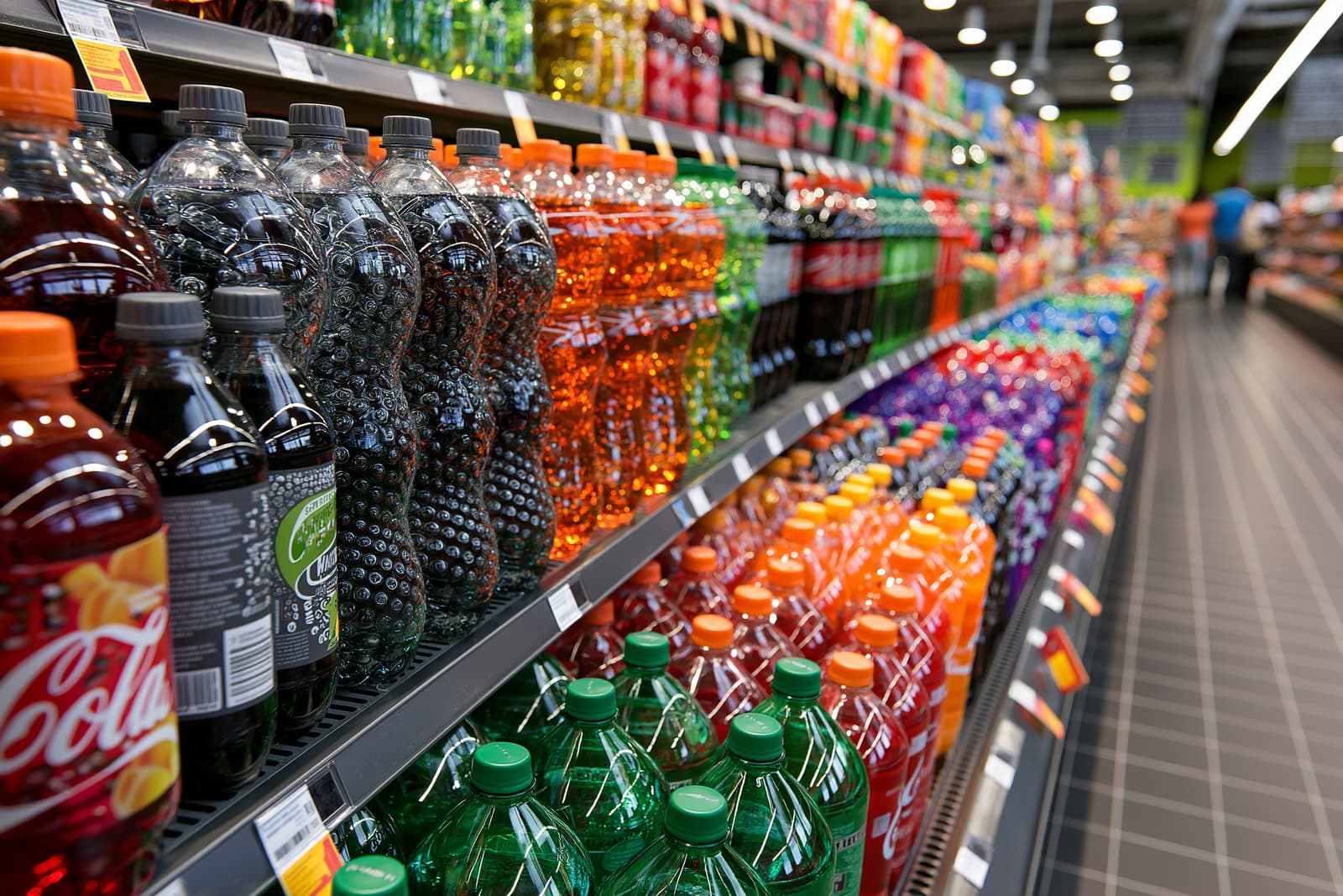 File di colorate bottiglie di bibite gassate in un corridoio ben illuminato di un supermercato tedesco: questi sono i prodotti che verrebbero colpiti da una prevista tassa sullo zucchero.