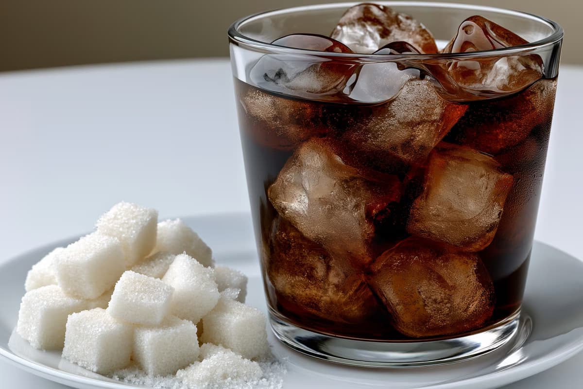 Un bicchiere di cola con ghiaccio accanto a una piccola pila di zollette di zucchero bianco su un tavolo bianco, a dimostrazione del contenuto di zucchero al centro del dibattito sulla tassazione.