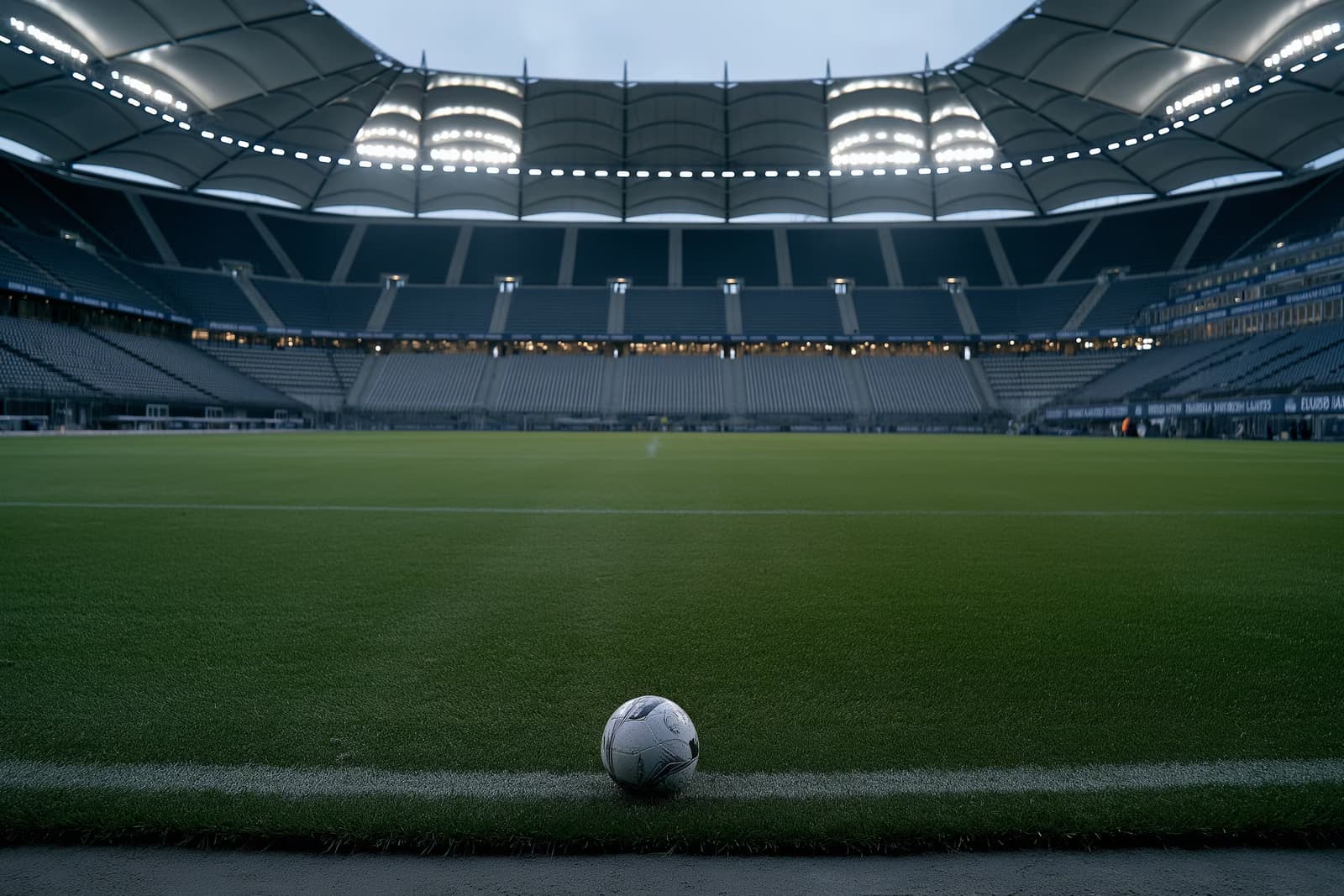 Uno stadio di calcio di Amburgo vuoto al crepuscolo, con i riflettori accesi e un pallone solitario al centro del campo, dopo l'addio di Vuskovic all'HSV.