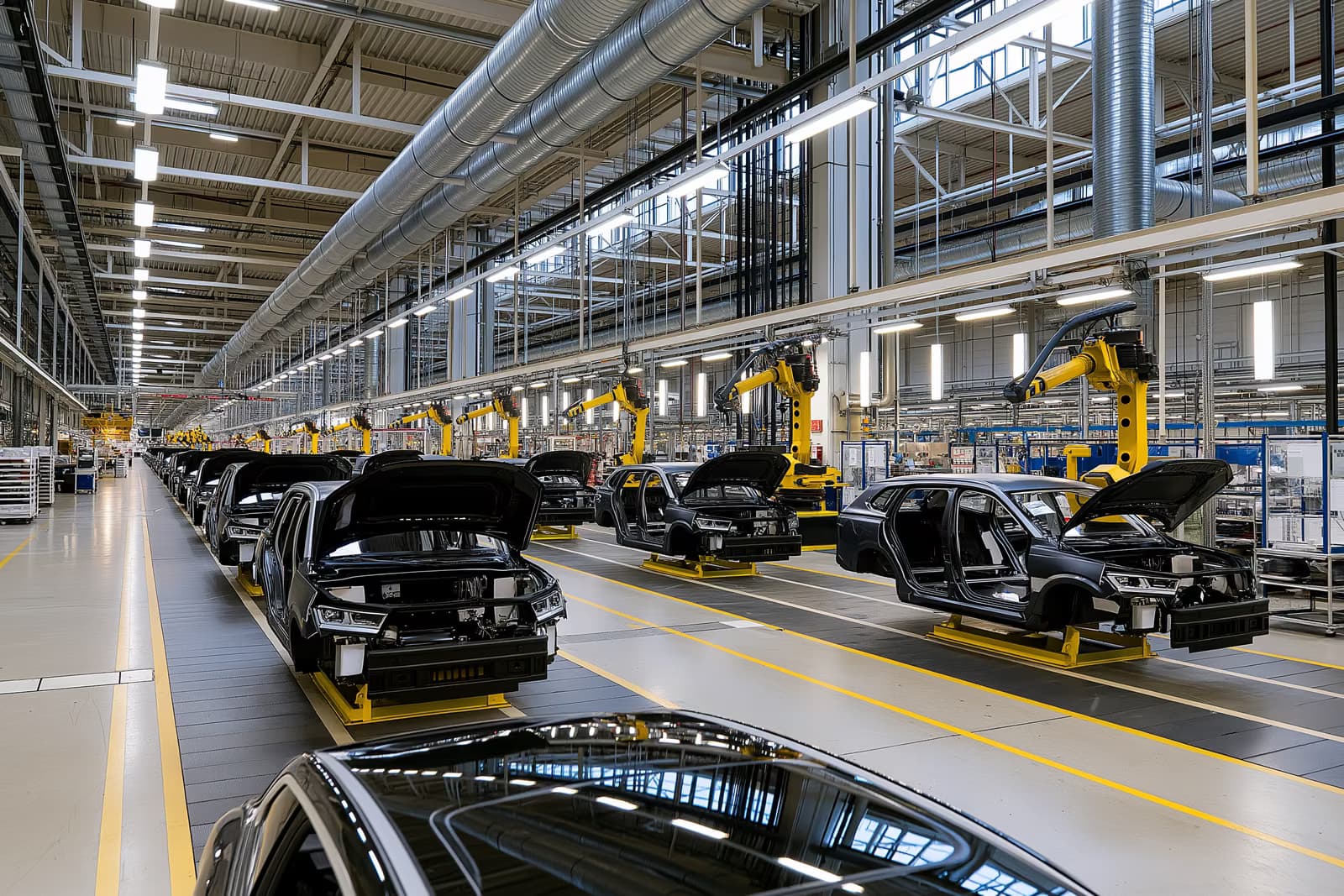 Bracci robotici si fermano su carrozzerie di auto non ancora finite su una linea di assemblaggio Volkswagen, mentre continua la disputa sulla chiusura degli stabilimenti VW.