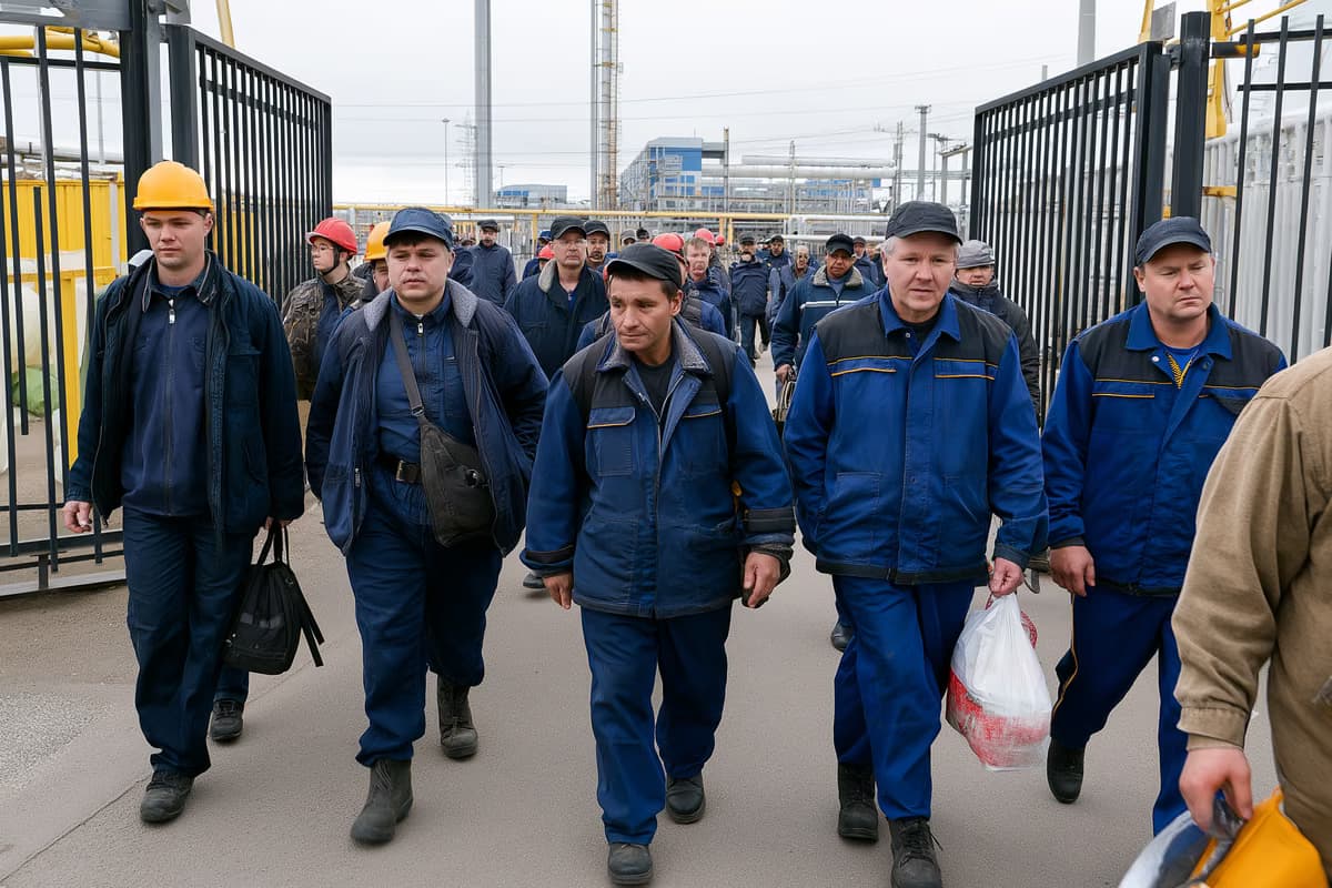 Operai in tuta da lavoro attraversano un cancello dello stabilimento al cambio turno, sotto un cielo nuvoloso.