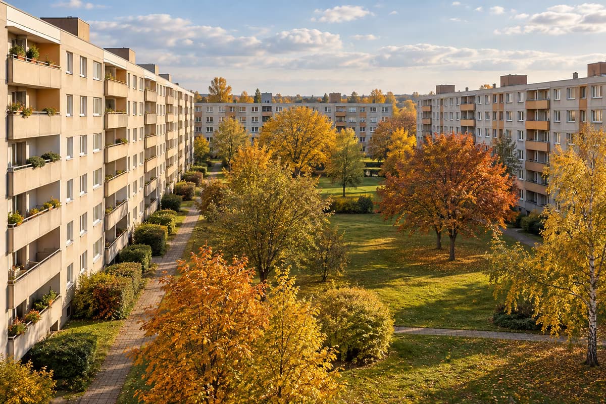 Un quartiere residenziale del dopoguerra con lunghi palazzi intorno a un cortile verde con alberi autunnali nel sole del pomeriggio.