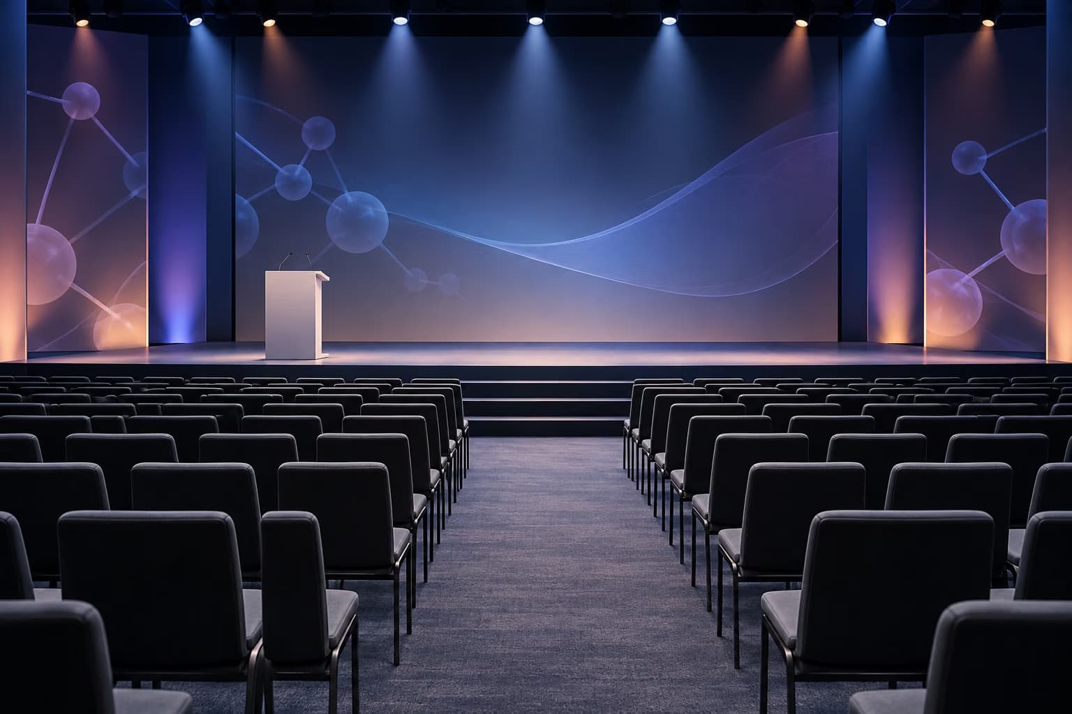 Una sala eventi vuota con file di sedie scure rivolte verso un palco con un leggio bianco, illuminato da riflettori davanti a schermi con grafiche astratte di molecole.