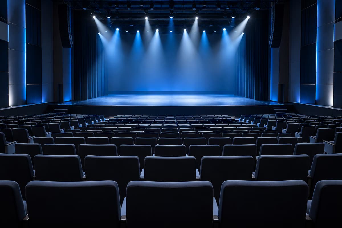 Un auditorium vuoto con file di poltroncine imbottite rivolte verso un palco spoglio illuminato da riflettori blu e bianchi.