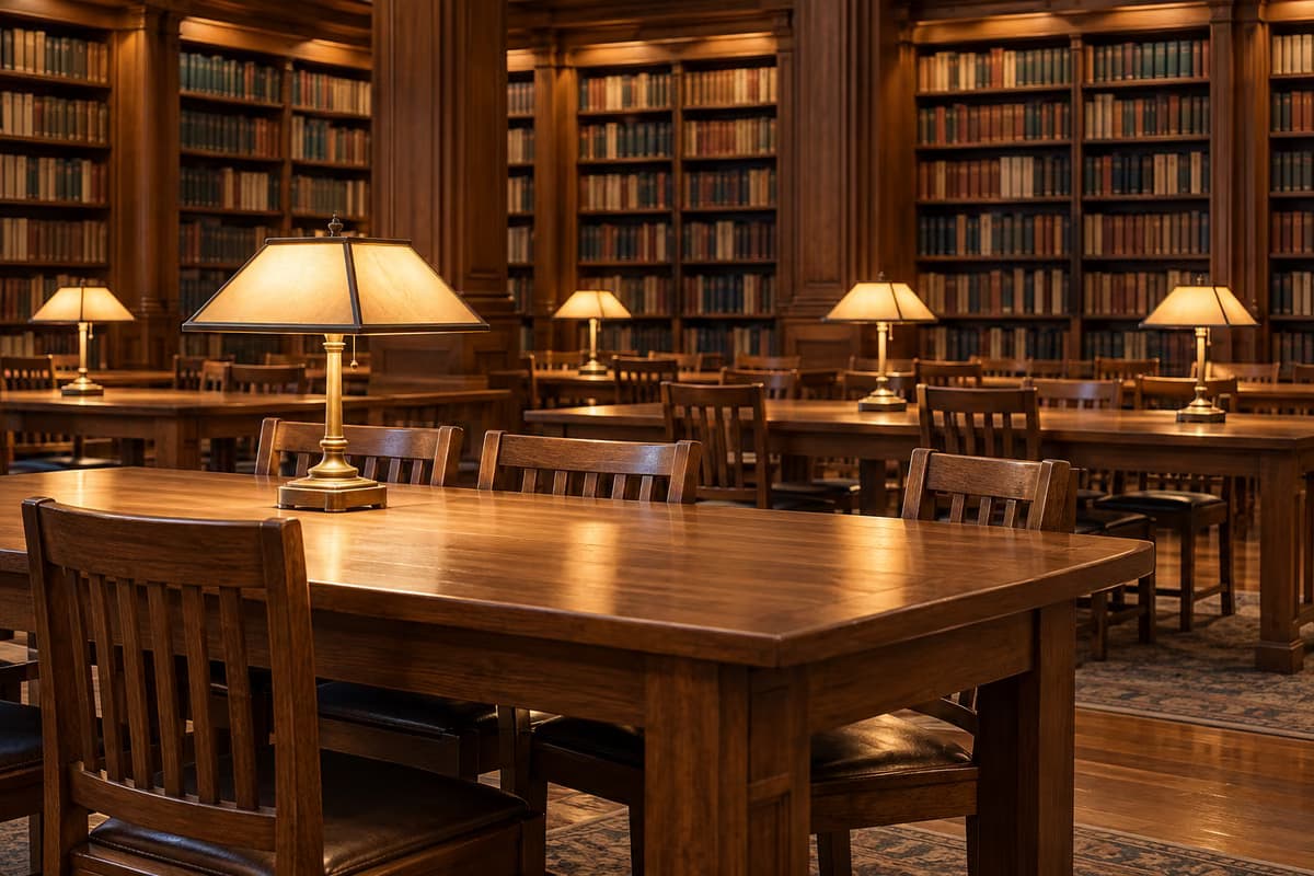 Una sala di lettura di una biblioteca vuota con tavoli in legno, sedie e lampade da lettura in ottone davanti ad alti scaffali pieni di libri.