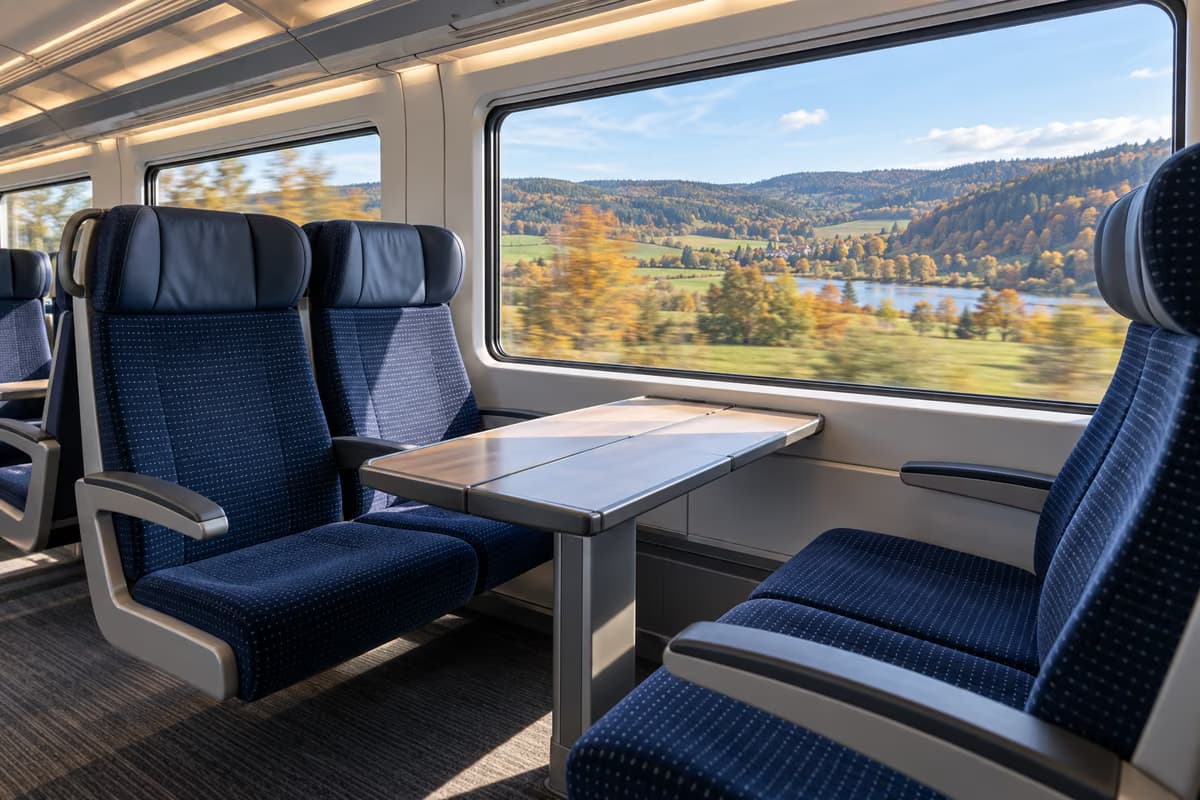 Sedili vuoti rivestiti in blu attorno a un tavolino in una carrozza moderna, mentre dal finestrino scorrono un lago e colline autunnali.