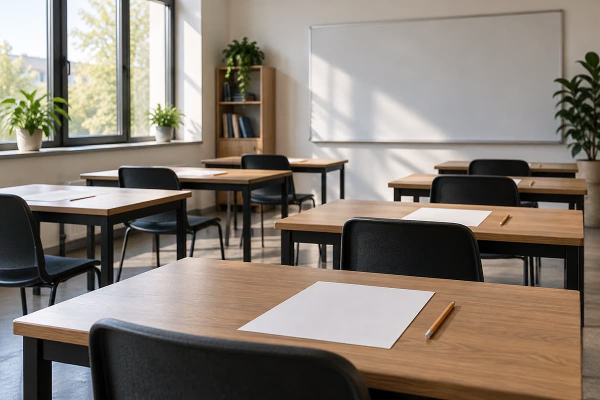 Un'aula moderna vuota con tavoli di legno, sedie nere, fogli bianchi e matite davanti a una lavagna bianca vuota.