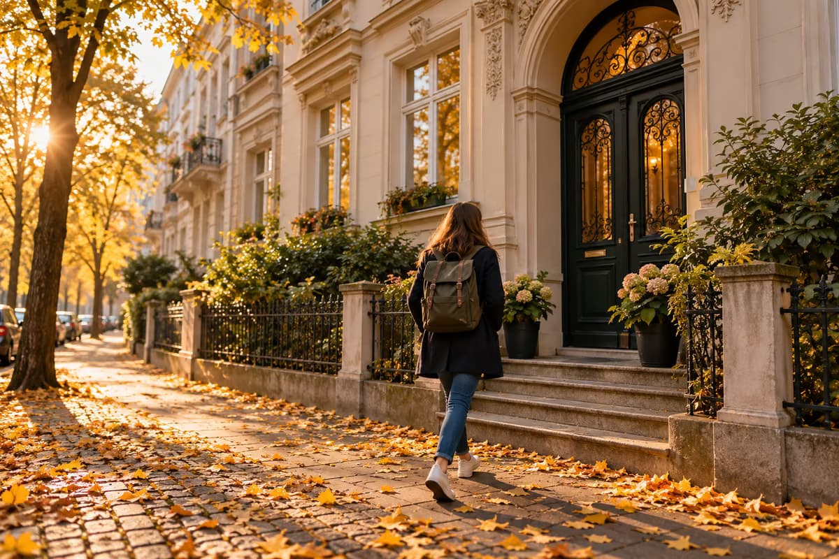 Una persona con lo zaino vista di spalle passa davanti ai gradini e al portone ad arco di un vecchio edificio residenziale in una strada alberata in autunno.