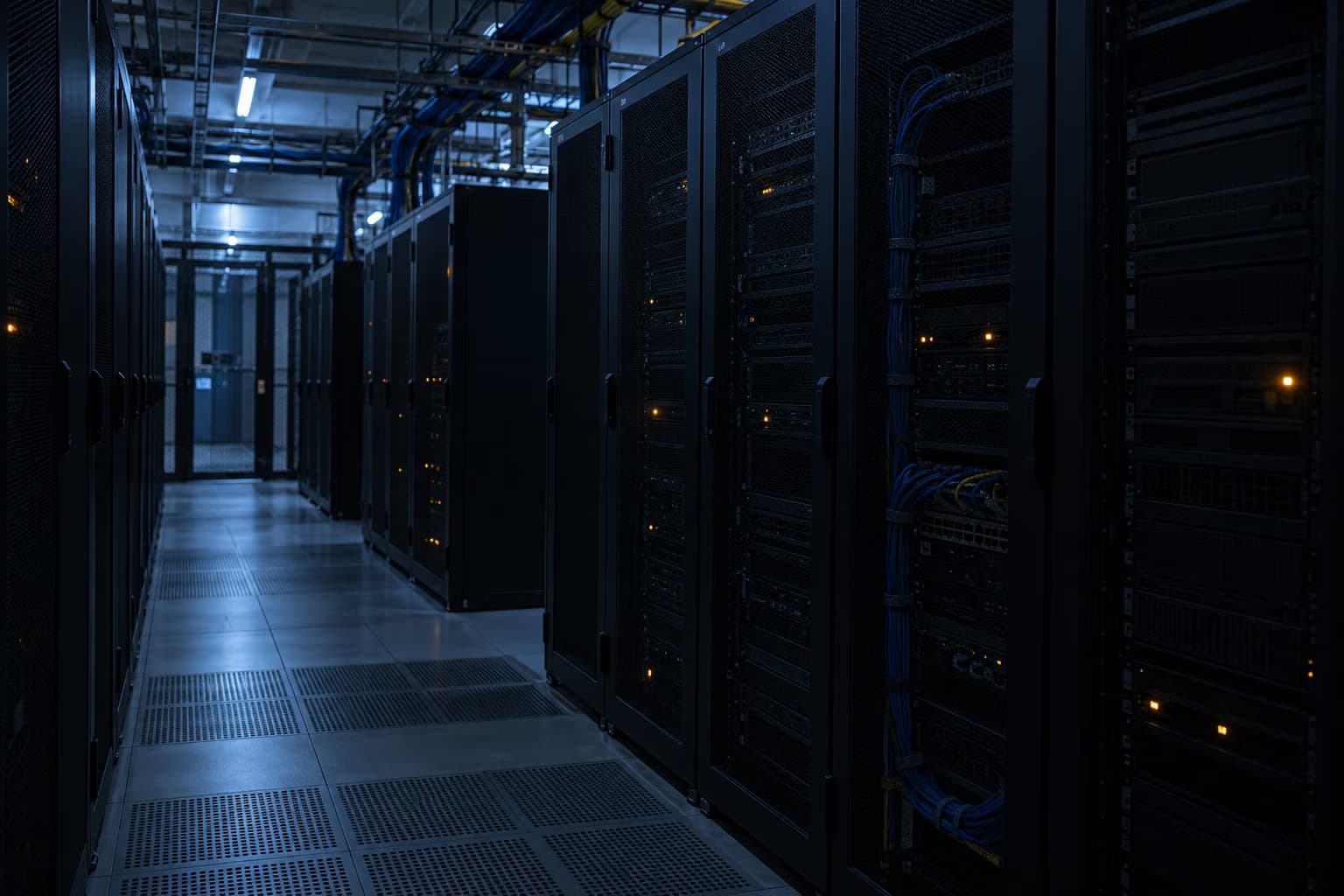 Una sala server in penombra con file di armadi rack spenti, cavi blu raggruppati e solo poche piccole luci color ambra accese.